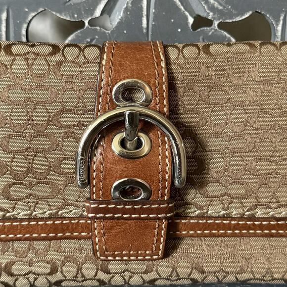 COACH Soho Signature Long Wallet Brown Canvas Leather Buckle Flap - Picture 2 of 12